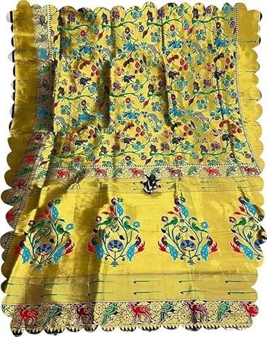 Veglari Women's Kanjivaram Pure Golden And Copper Original Hand Weving Paithani Silk Sarees