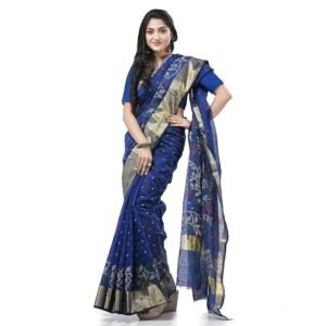 DESH BIDESH Women`s Tant Cotton Silk Handloom Cotton Blend Saree Pushpomala Work With Blouse Piece