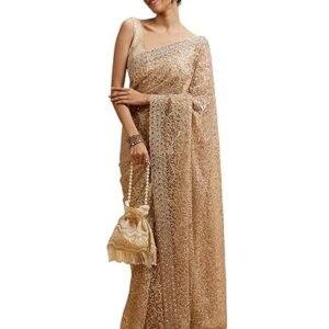 MOHEY Women's Net Bel Buti Patterned Stone Embellished Saree