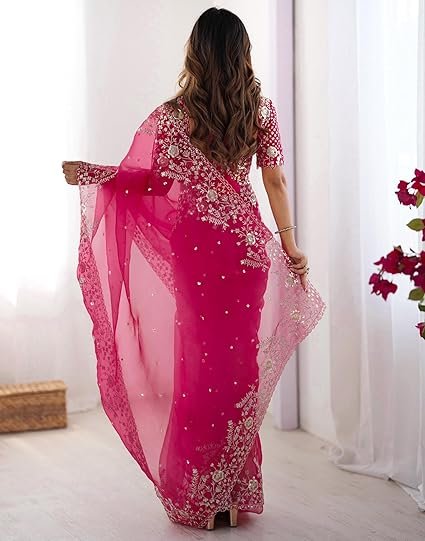 SIRIL Women's Organza Sequence Embroidery Saree With Unstitched Blouse Piece - Image 4