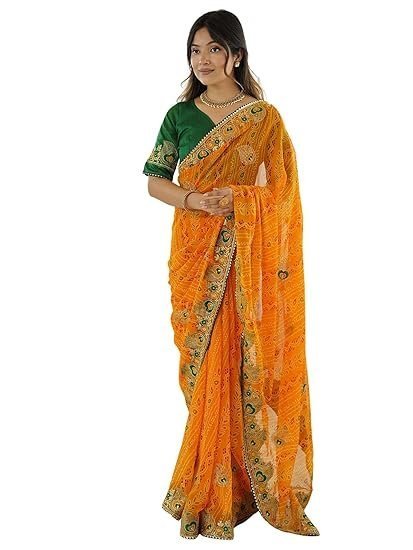 Satrani Women's Georgette Bandhani Printed Embroidery Saree
