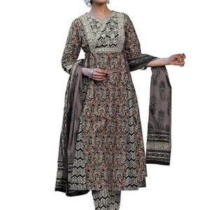 MIRCHI FASHION Women's Flared Cotton Bagru Printed and Embellished Jaipuri Kurta Set with Trouser Pant and Dupatta