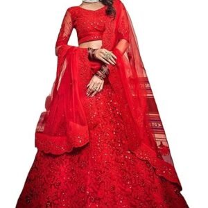 Divine Exim Women's Net Semi Stitched Lehenga Choli with Dupatta | Traditional, Wedding, Ethnic Wear Lehenga | Dori and Sequin Embroidery Pattern (Red)