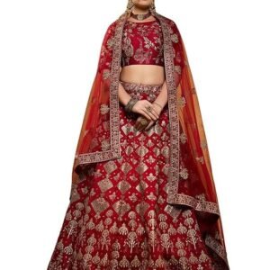 Zeel Clothing Womens Silk Lehenga Choli Semi-Stitched Red Wedding Bridal Free Size