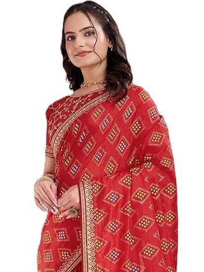 kasya Women Vichitra Silk Diamond Bandhani Pattern Embroidery Work Saree