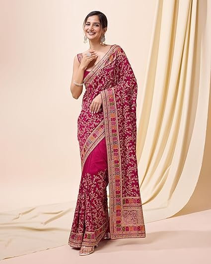 TRENDS Women's Vichitra Silk Embroidery, Siroski Stone Work Saree with Unstitch Blouse Piece - Image 5