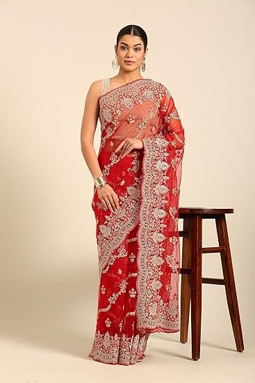 MOHEY Women's Net Embroidered|Stone Work| Sare - Image 3