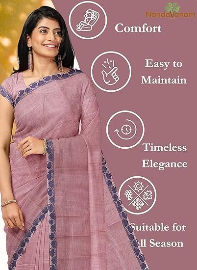 Women's Chettinad Cotton Saree with Blouse | Pure Cotton Sarees with Small Border | Soft, Comfort Sarees | Cotton Sarees Daily use All Occasion Wear