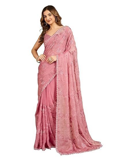 TRENDMALLS Women's Satin Embroidery Siroski work Saree