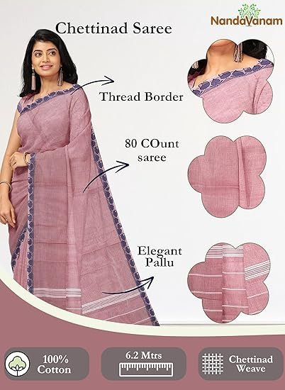 Women's Chettinad Cotton Saree with Blouse | Pure Cotton Sarees with Small Border | Soft, Comfort Sarees | Cotton Sarees Daily use All Occasion Wear - Image 5