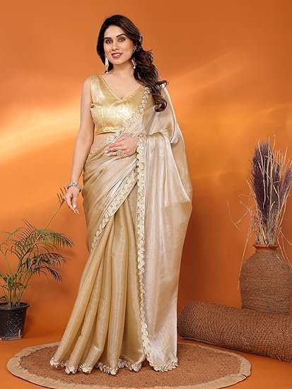 Ekasya Women Jimmy Silk Organza Solid Pattern Embroidery Work Saree