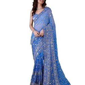 Women's Georgette Sequin Embroidery work Saree with Unstitch Blouse Piece (K963-Skyblue)