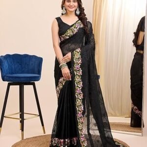 Women Soft Organza Black Embroidery Saree (E6200_3) - Elegant Design, Intricate Embroidery, Lightweight, Perfect for Weddings, Parties, and Special Occasions, Stylish and Comfortable Fit