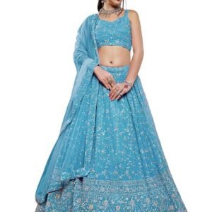 Zeel Clothing Womens Georgette Lehenga Choli Semi-Stitched Skyblue Wedding Bridal Free Size