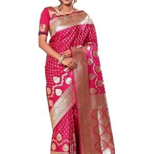 HerClozet Women's Banarasi Katan Silk Gold Zari Saree-6.3 Mtr(Dark Pink;Golden)