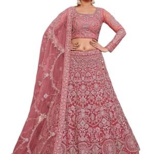 Zeel Clothing Women's Rose Pink Zari And Embroirery Work Soft Net Wedding Semi Stitched Lehenga Choli With Dupatta (7905-Rose-Pink-Wedding-Bridal-Lehenga-Choli; Free Size)