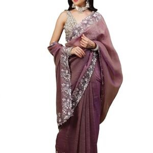 Dress & Dazzle Women’s Dusty Mauve Crepe Organza Saree with Sequins & Cutdana Embellished Border and Pallu