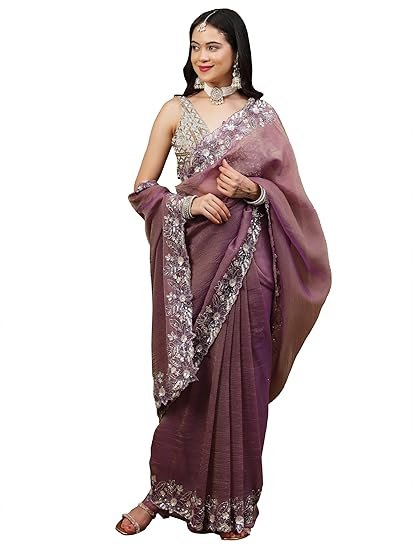 Dress & Dazzle Women’s Dusty Mauve Crepe Organza Saree with Sequins & Cutdana Embellished Border and Pallu