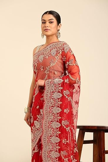 MOHEY Women's Net Embroidered|Stone Work| Sare - Image 4