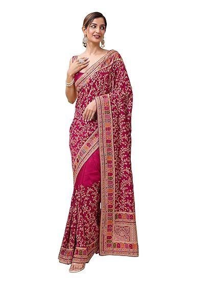 TRENDMALLS Women's Vichitra Silk Embroidery, Siroski Stone Work Saree