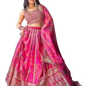 AG Clothing Women's Organza Semi Stitched Lehenga Choli With Dupatta | Floral Digital Print With Sequin Embroidery Pattern | Traditional, Wedding, Ethnic Wear Lehenga (ZC-7072-Pink)