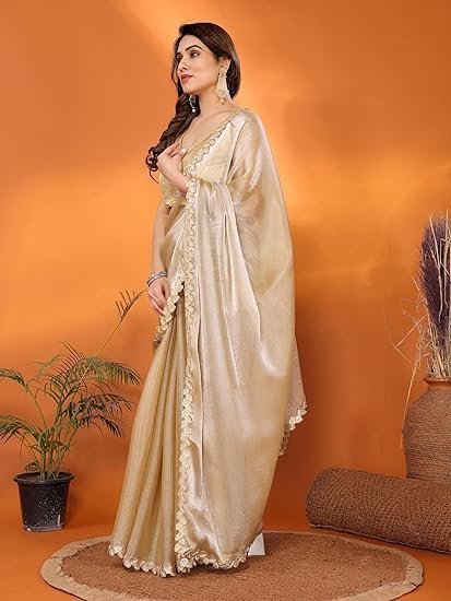 Ekasya Women Jimmy Silk Organza Solid Pattern Embroidery Work Saree - Image 3