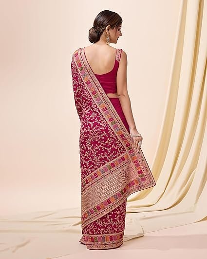 TRENDS Women's Vichitra Silk Embroidery, Siroski Stone Work Saree with Unstitch Blouse Piece - Image 6