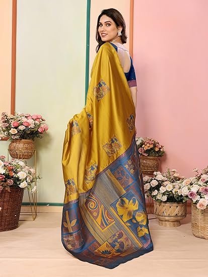 Sidhidata Women's Kanjivaram Banarasi Soft Silk Saree With Unstitched Blouse Piece (Silk Box Flower) - Image 3