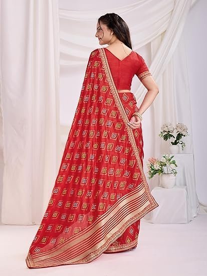 kasya Women Vichitra Silk Diamond Bandhani Pattern Embroidery Work Saree - Image 4