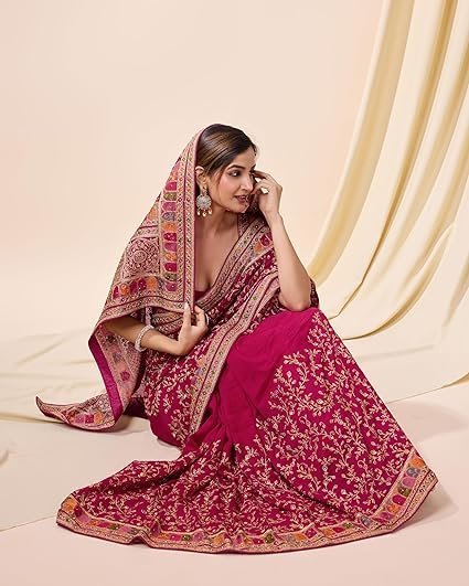 TRENDS Women's Vichitra Silk Embroidery, Siroski Stone Work Saree with Unstitch Blouse Piece - Image 2