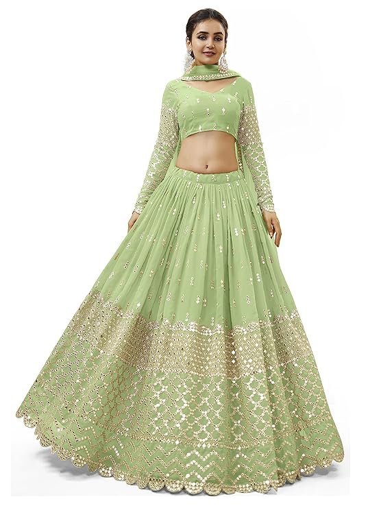 Zeel Clothing Women's Georgette Embroidered Fabric Sequins Zari Embroidered Semi-Stitched Lehenga Choli With Dupatta (300-Wedding-Bridal--New-Stylish)