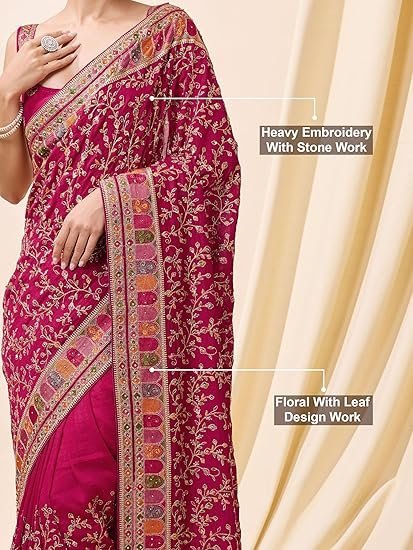 TRENDS Women's Vichitra Silk Embroidery, Siroski Stone Work Saree with Unstitch Blouse Piece - Image 4