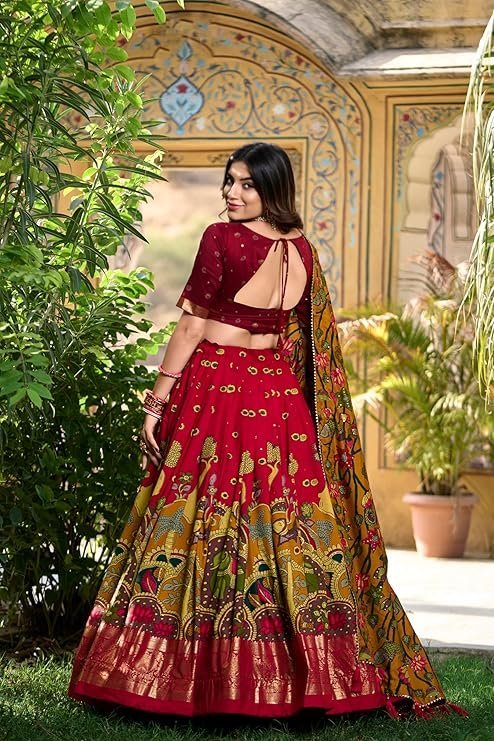 LooknBook Art Women's Wedding Special Tussar Silk With Kalamkari Print Lehenga Choli - Image 4