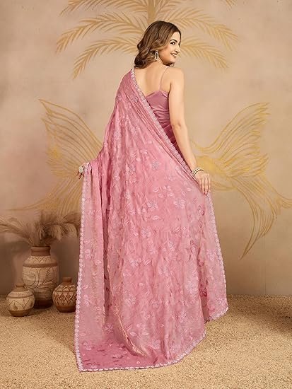 TRENDMALLS Women's Satin Embroidery Siroski work Saree - Image 3