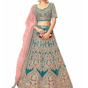 Zeel Clothing Teal Heavy Embroidered Velvet Semi-Stitched Lehenga Choli For Women (7419-Teal-Wedding-Bridal-Latest-New; Teal_Free Size)