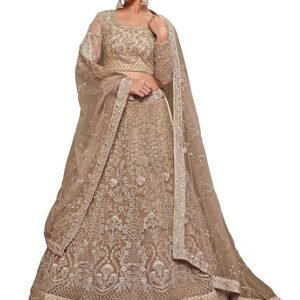 Zeel Clothing Women's Beige Net Semi-Stitched Bridal Lehenga Choli (7908-Beige-Wedding-Lehenga-Choli; Beige) (Free Size)