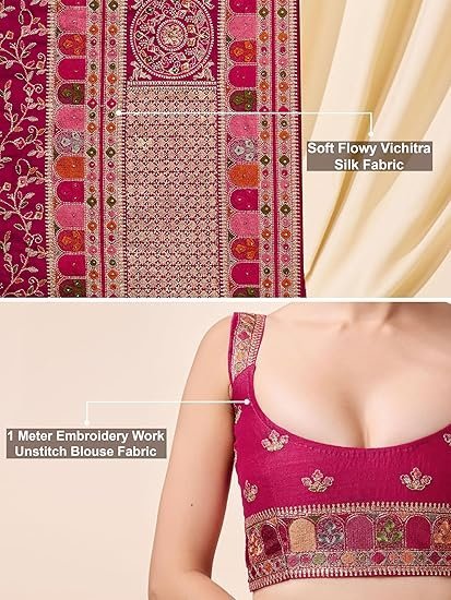 TRENDS Women's Vichitra Silk Embroidery, Siroski Stone Work Saree with Unstitch Blouse Piece - Image 3