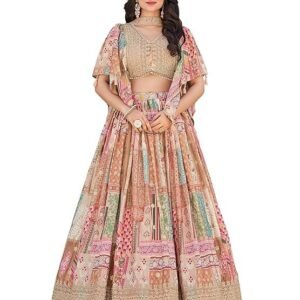 AG Clothing Women's Digital Print With Zari Dori Embroidery Work Chinnon Silk Lehenga Choli With Dupatta (Women-Lehenga-Choli-New; Free size)