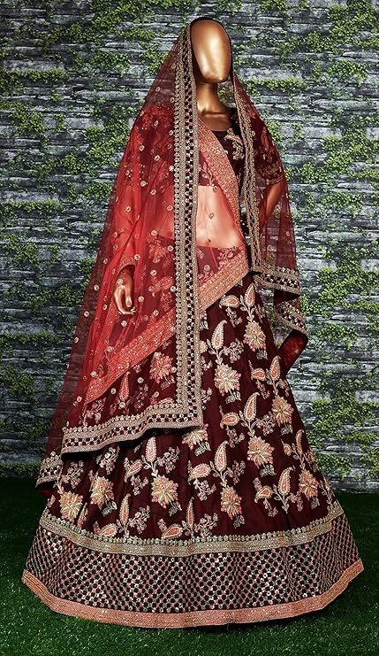 MEGHALYA Women's Silk Semi-stitched Lehenga Choli (7034 Maroon Bridal Lehenga_Maroon_Free Size) - Image 3