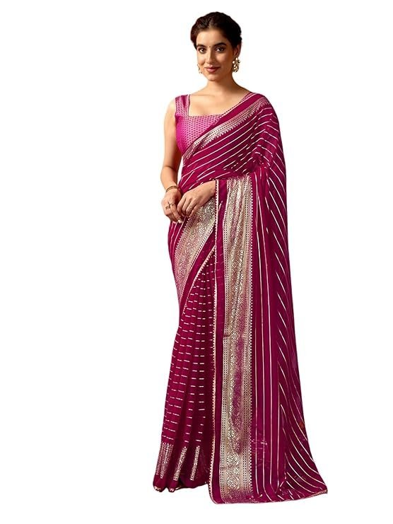 Satran Women's Georgette Foil Print Gota Lace Work Saree with Unstitched Blouse Piece - Image 5